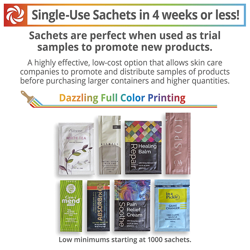 Full color single use sachets for cosmetic and CBD products with short run production and low minimums